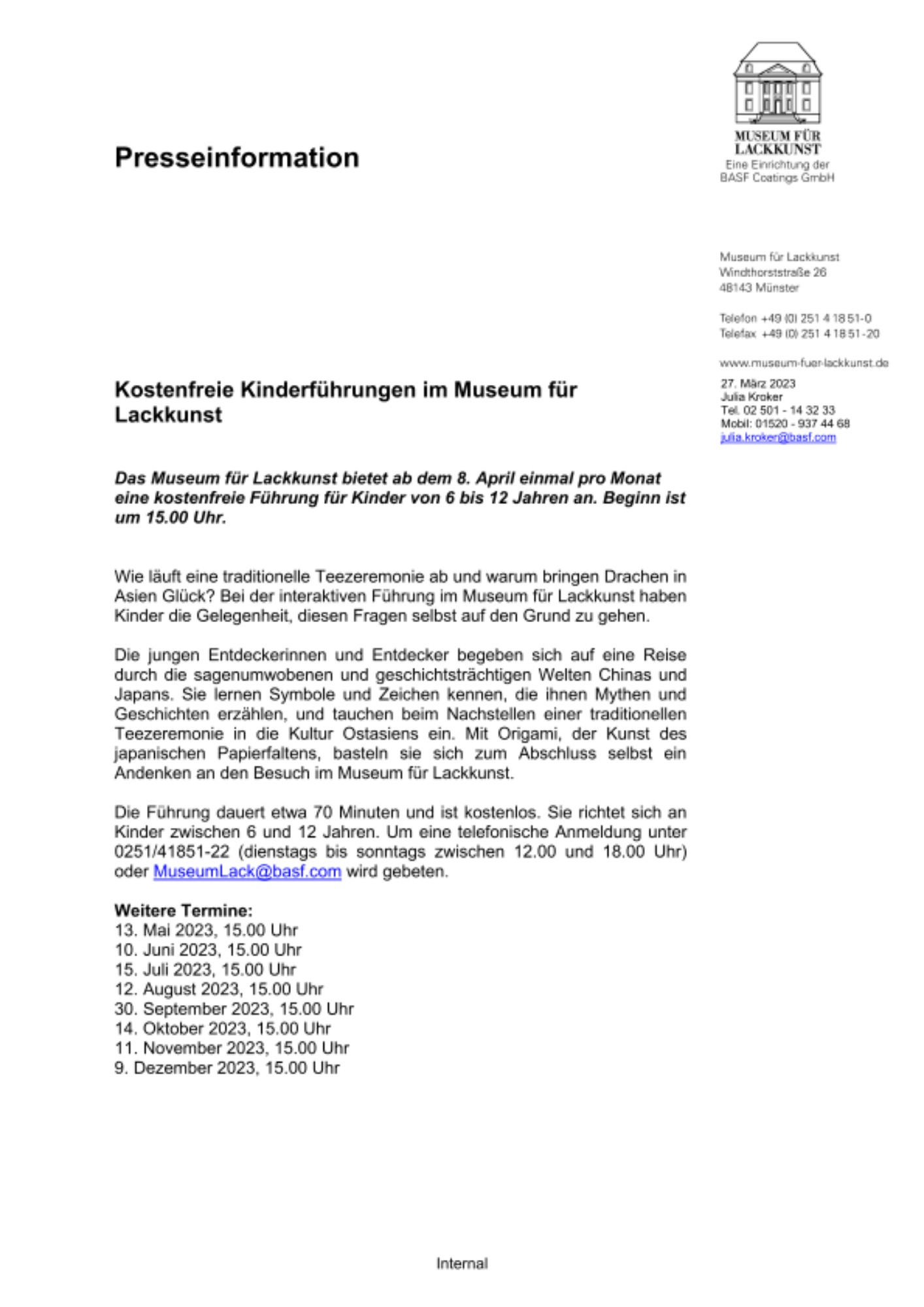 Kostenfreie Führungen für Kinder zwischen 6 und 12 Jahren im Museum für Lackkunst Kostenfreie Führungen für Kinder zwischen 6 und 12 Jahren im Museum für Lackkunst